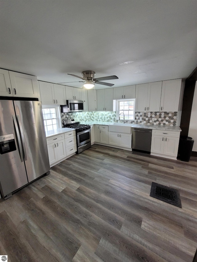 kitchen with white cabinets, stainless steel appliances, and a wealth of natural light