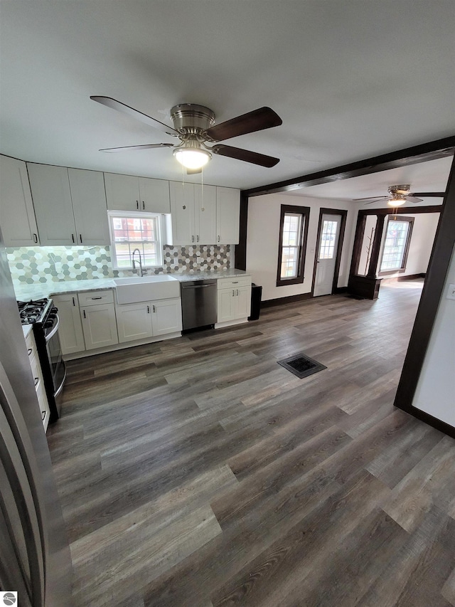 kitchen with white cabinets, appliances with stainless steel finishes, dark hardwood / wood-style flooring, and plenty of natural light