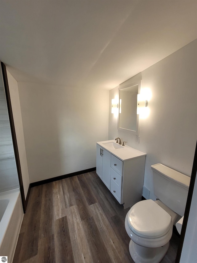 bathroom with vanity, wood-type flooring, and toilet