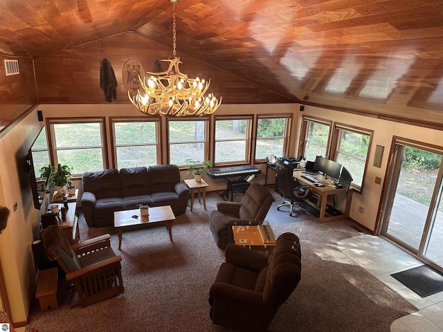 living room with a notable chandelier, wooden ceiling, light carpet, and lofted ceiling