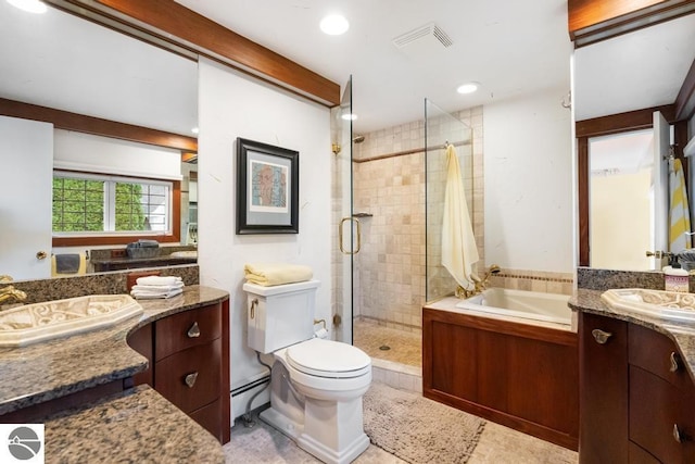 full bathroom with independent shower and bath, vanity, a baseboard radiator, and toilet