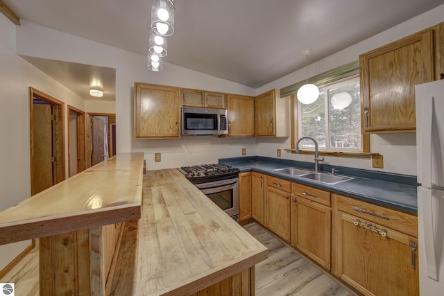 kitchen with sink, light hardwood / wood-style flooring, decorative light fixtures, vaulted ceiling, and appliances with stainless steel finishes