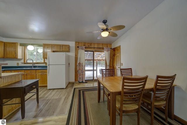 dining room featuring light wood-type flooring, vaulted ceiling, ceiling fan, and sink