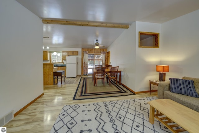 dining room with beamed ceiling, light hardwood / wood-style flooring, and ceiling fan