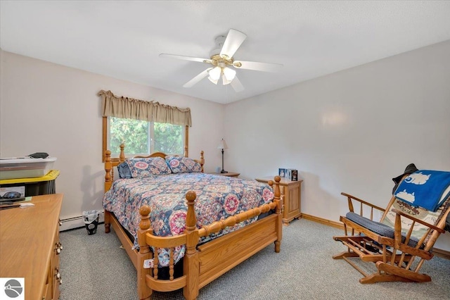 bedroom featuring ceiling fan, carpet, and a baseboard heating unit