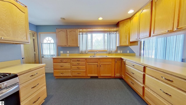 kitchen featuring light brown cabinetry, dark colored carpet, plenty of natural light, and sink