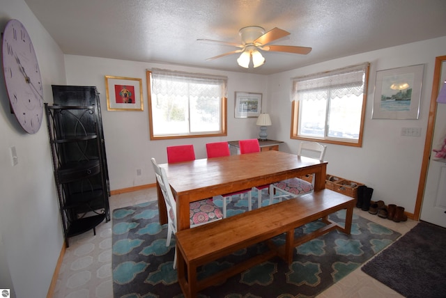 dining space featuring ceiling fan, plenty of natural light, and a textured ceiling