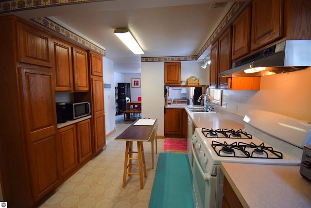 kitchen featuring sink and white range with gas stovetop