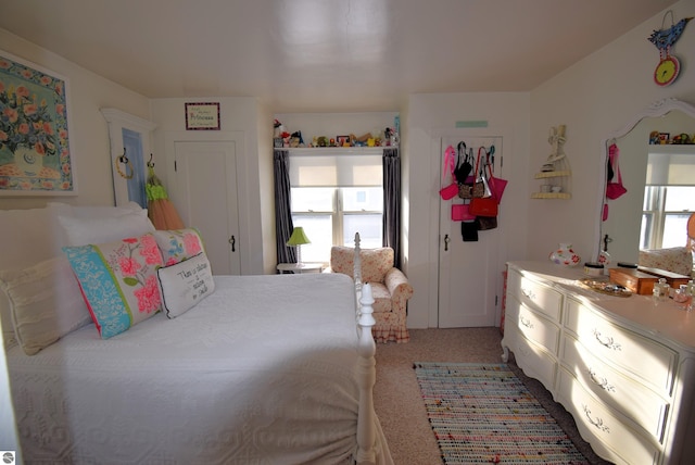 bedroom with carpet floors, a closet, and multiple windows