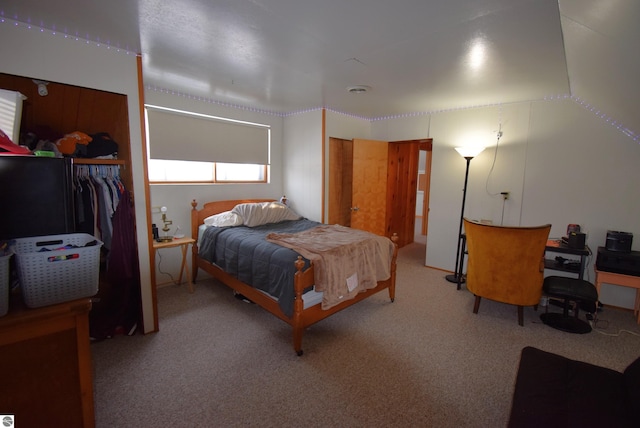 carpeted bedroom featuring lofted ceiling