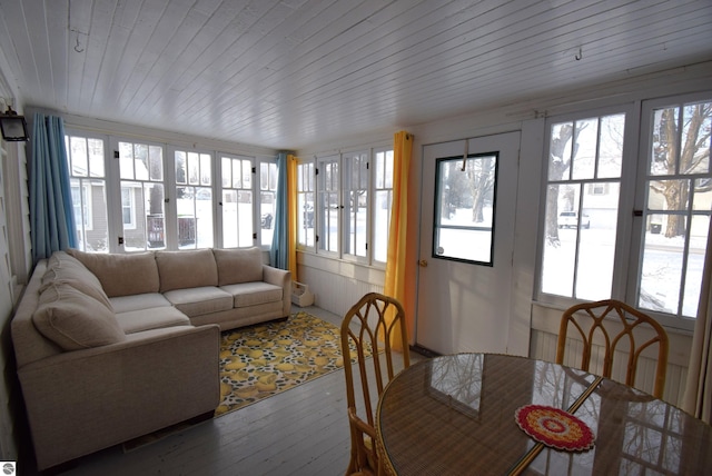 sunroom featuring a healthy amount of sunlight and wood ceiling