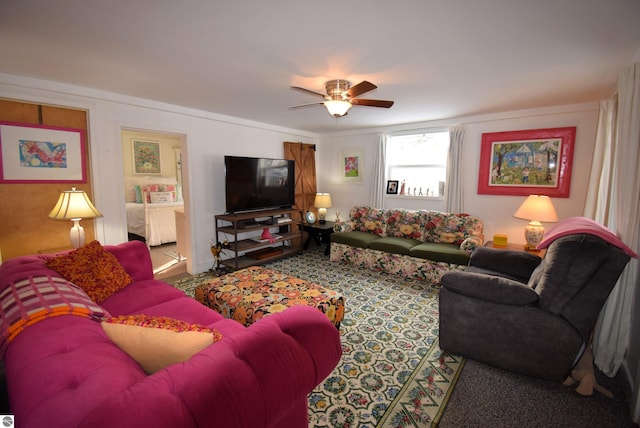 living room featuring ceiling fan