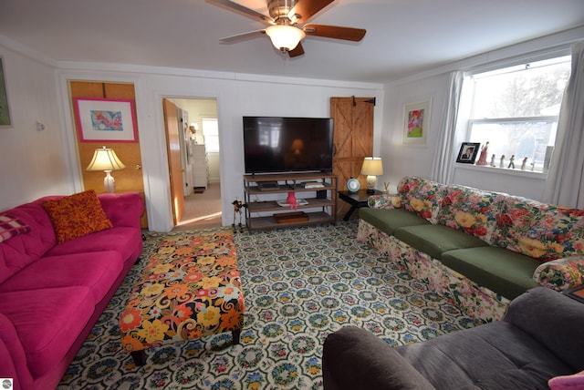 living room with ceiling fan