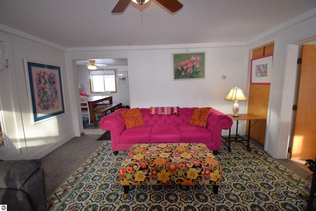 living room with carpet flooring and ceiling fan