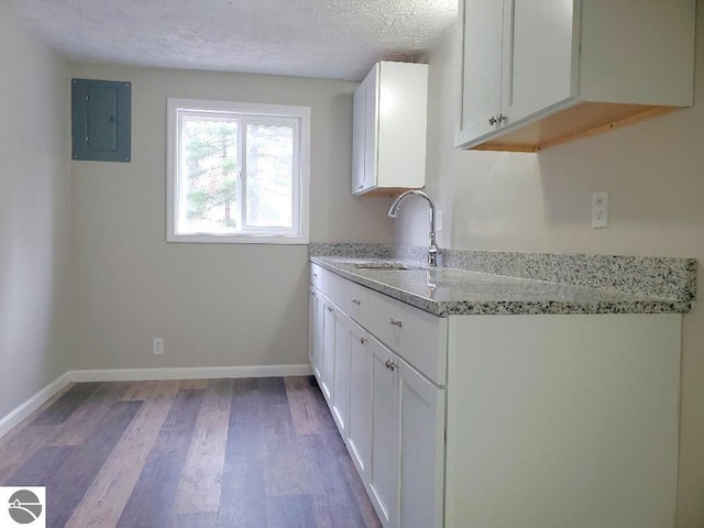 kitchen with white cabinetry, light wood-type flooring, sink, and electric panel