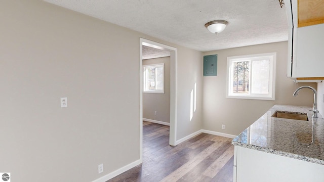 kitchen with light stone countertops, sink, light hardwood / wood-style flooring, electric panel, and white cabinets