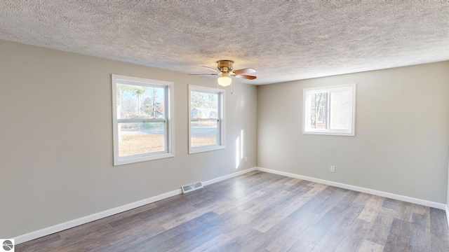 spare room with a wealth of natural light, hardwood / wood-style floors, and a textured ceiling