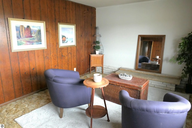 living area featuring wood walls and carpet