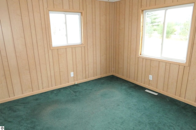 carpeted spare room with a healthy amount of sunlight and wooden walls