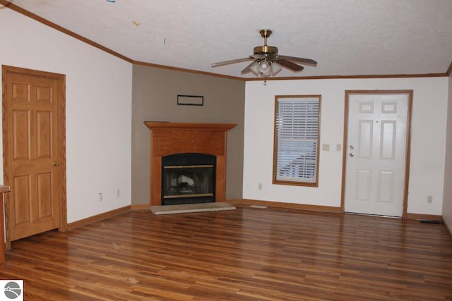 unfurnished living room with a ceiling fan, wood finished floors, and baseboards