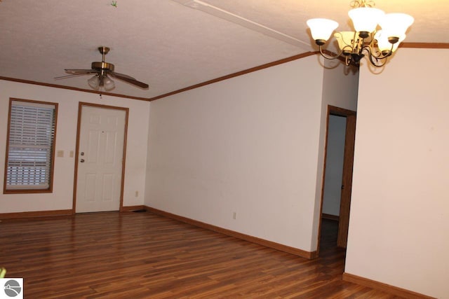 interior space featuring crown molding, baseboards, wood finished floors, and ceiling fan with notable chandelier
