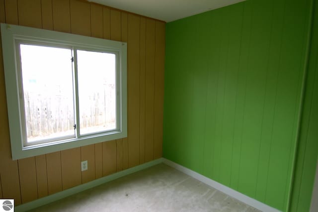 spare room featuring carpet floors and wooden walls