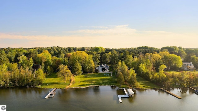 aerial view at dusk featuring a water view