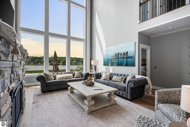 living room with a fireplace, wood-type flooring, a towering ceiling, and a water view