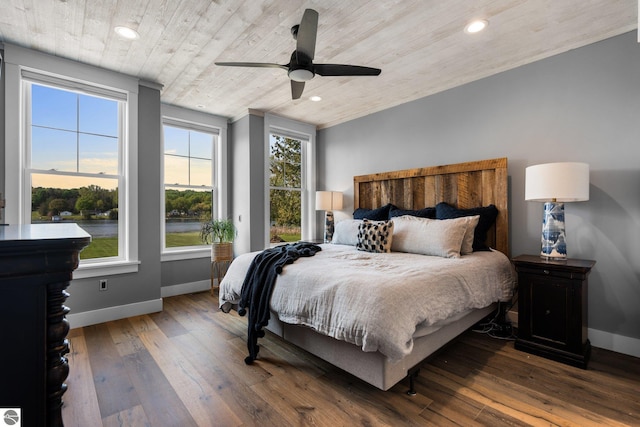 bedroom featuring wooden ceiling, ceiling fan, wood-type flooring, and multiple windows