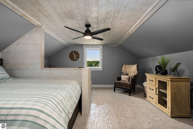 carpeted bedroom with lofted ceiling, ceiling fan, and wooden ceiling