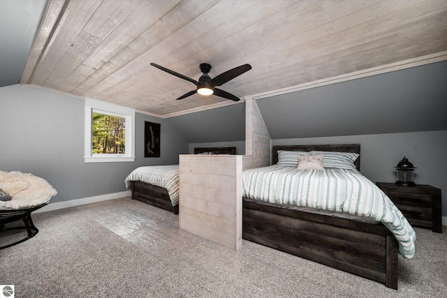 bedroom with carpet flooring, ceiling fan, wood ceiling, and vaulted ceiling