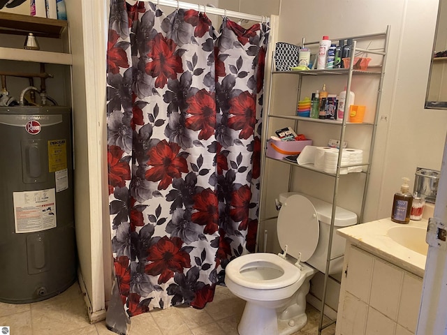 421 N Michigan Ave, Manton, MI 49663 - bathroom with vanity, tile patterned floors, toilet, water heater, and curtained shower