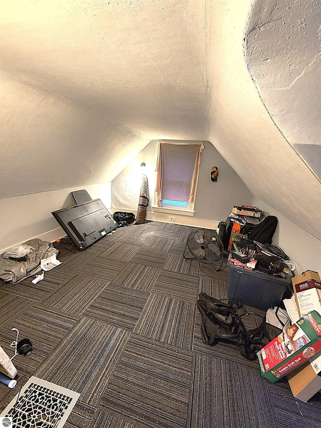 additional living space with carpet floors, a textured ceiling, and vaulted ceiling