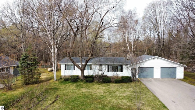 ranch-style house with a garage and a front lawn