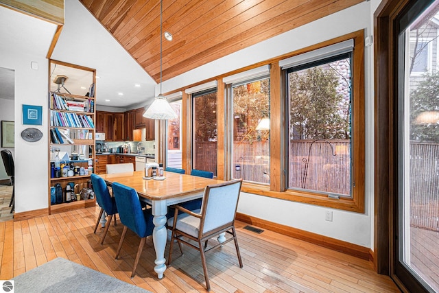 dining space featuring wooden ceiling, light hardwood / wood-style flooring, and lofted ceiling