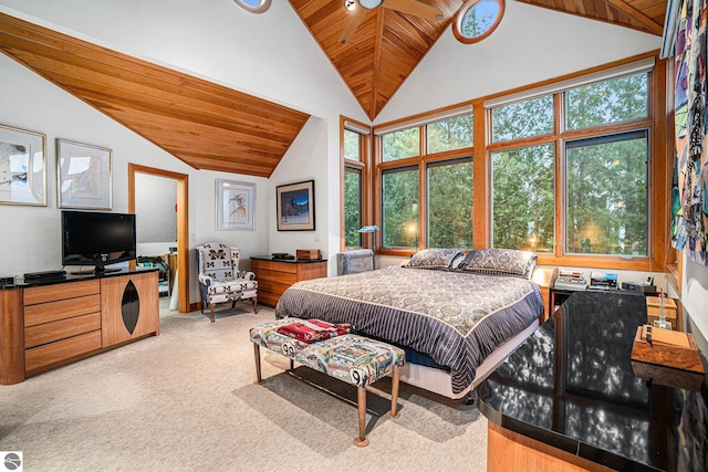 bedroom with light carpet, high vaulted ceiling, and wooden ceiling