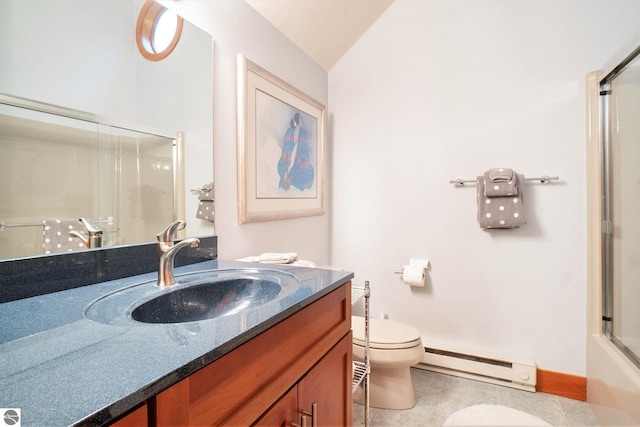 full bathroom with baseboard heating, bath / shower combo with glass door, lofted ceiling, toilet, and vanity