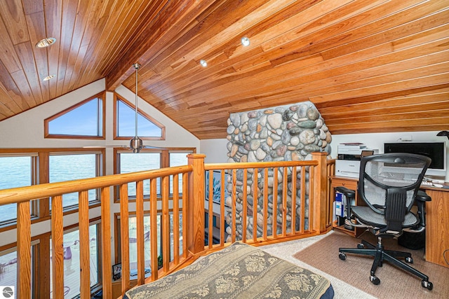 carpeted home office featuring vaulted ceiling with beams, a water view, ceiling fan, and wood ceiling