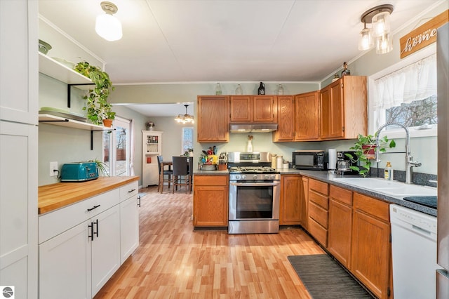 kitchen with white dishwasher, stainless steel range with gas cooktop, plenty of natural light, and sink