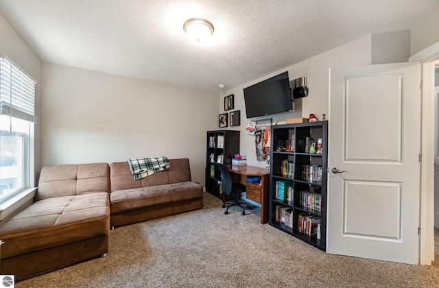 home office featuring carpet and a textured ceiling