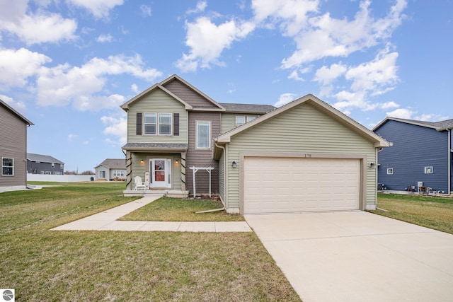 front facade with a garage and a front lawn