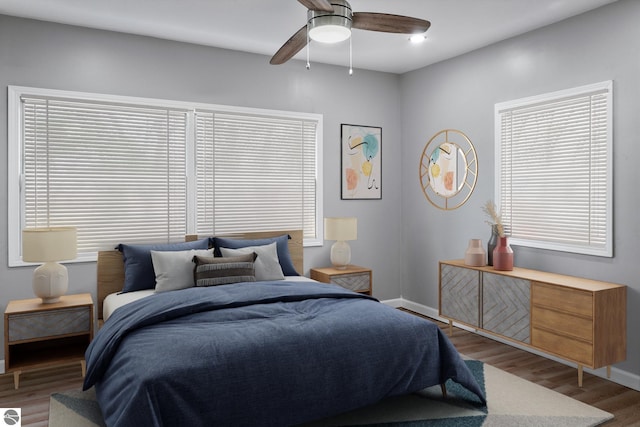 bedroom featuring multiple windows, ceiling fan, and wood-type flooring