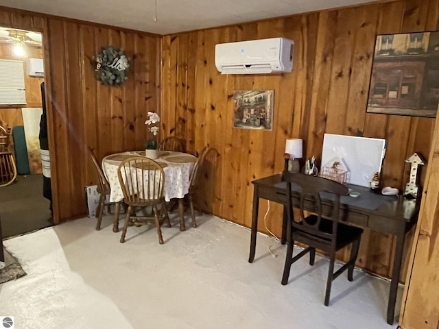 dining area with an AC wall unit, light carpet, and wooden walls