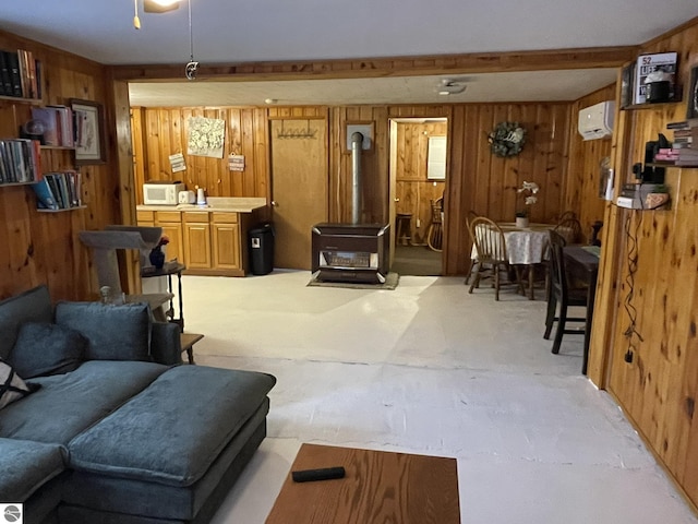 living room with a wall unit AC and wooden walls