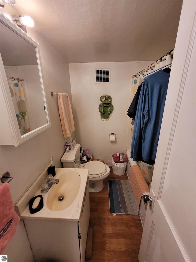 bathroom featuring toilet, vanity, a textured ceiling, and hardwood / wood-style flooring