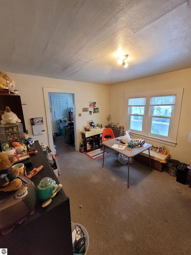 living room featuring carpet flooring and a textured ceiling