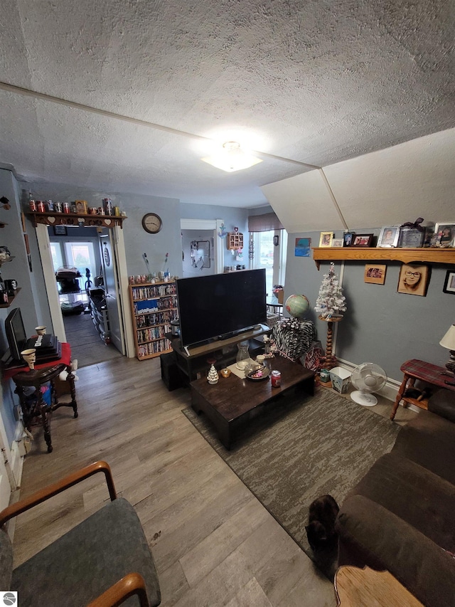 living room with wood-type flooring, a textured ceiling, and vaulted ceiling