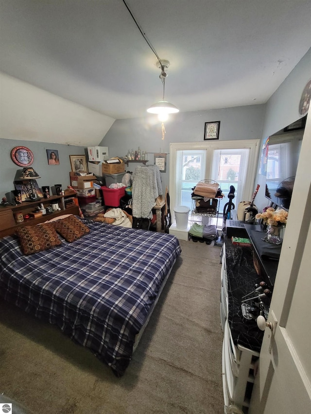 carpeted bedroom featuring vaulted ceiling