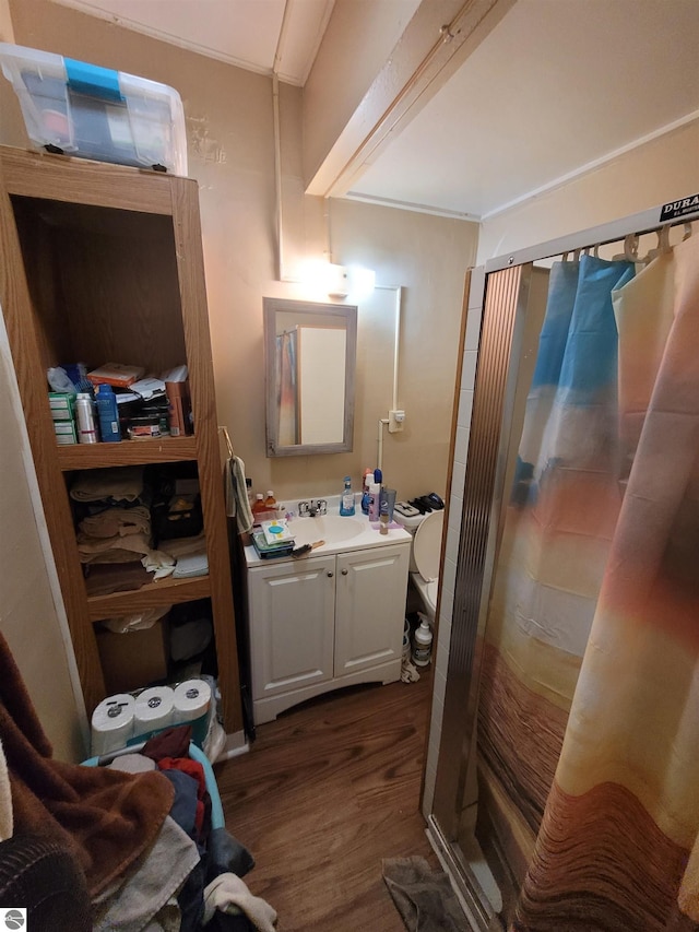 bathroom with vanity, curtained shower, and wood-type flooring