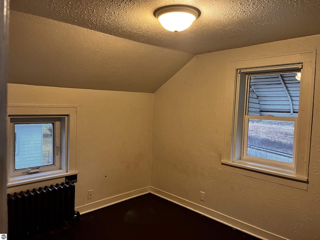 additional living space with radiator heating unit, lofted ceiling, a textured ceiling, and a wealth of natural light